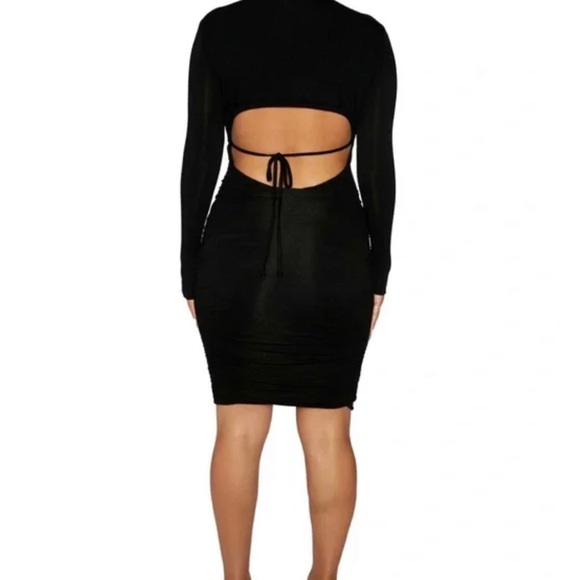 Naked Wardrobe Ruched Brown Long Sleeve Dress with Strappy Open Back - Picture 4 of 4